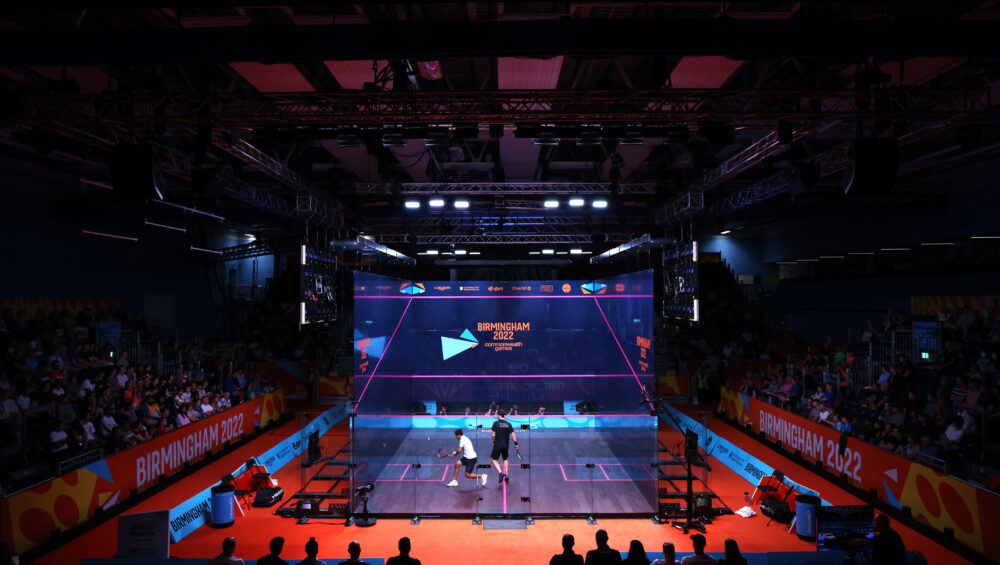 A general view of the Squash court as Saurav Ghosal of Team India and Paul Coll of Team New Zealand compete in the Men's Singles Squash at University of Birmingham Hockey & Squash Centre for the Birmingham 2022 Commonwealth Games