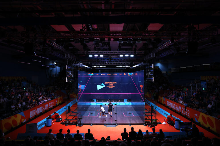 A general view of the Squash court as Saurav Ghosal of Team India and Paul Coll of Team New Zealand compete in the Men's Singles Squash at University of Birmingham Hockey & Squash Centre for the Birmingham 2022 Commonwealth Games