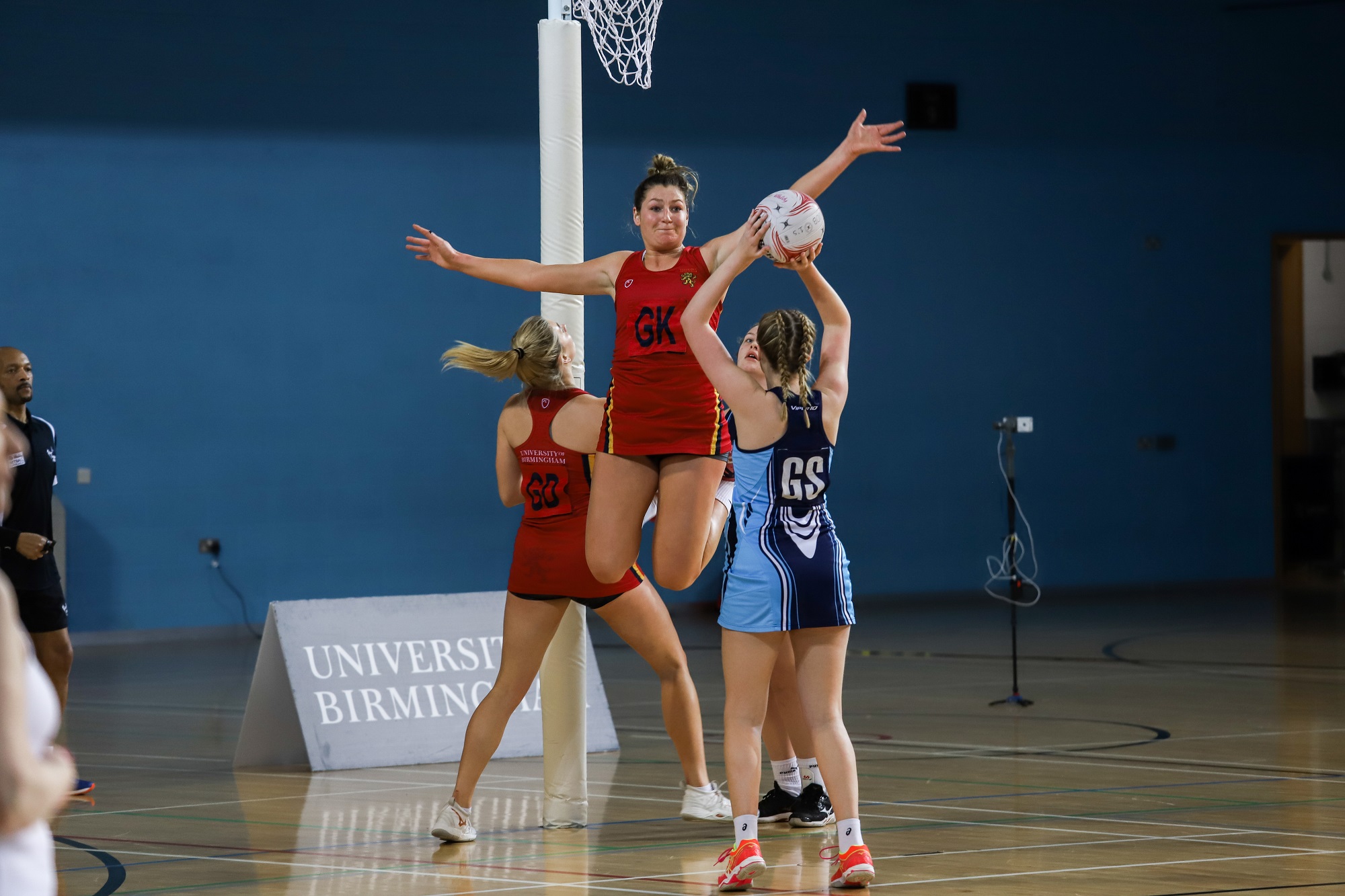 UoB Netballer jumping to block a shot