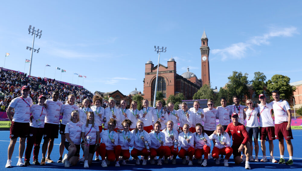 Gold Medallists Team England celebrate during the Women's Hockey Medal Ceremony on day ten of the Birmingham 2022 Commonwealth Games at University of Birmingham Hockey & Squash Centre