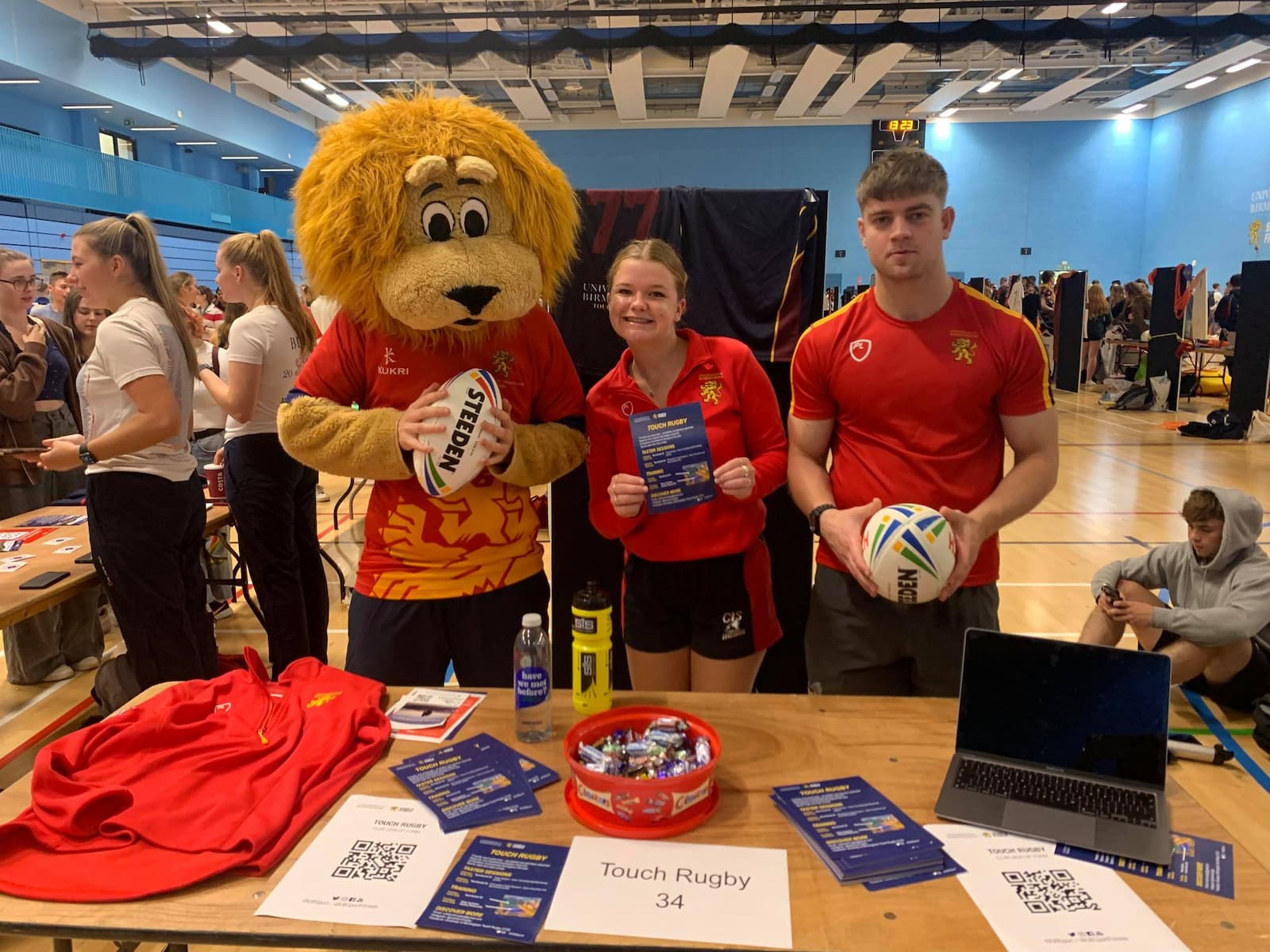 Rory the lion posing with touch rugby at sports fair