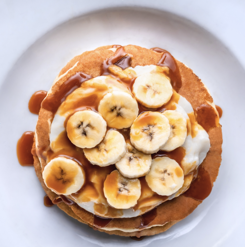 Banana pancakes with caramel sauce