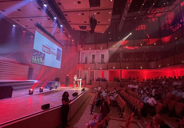 The stage and seats located at the Sports Awards, ready for an evening of celebration.