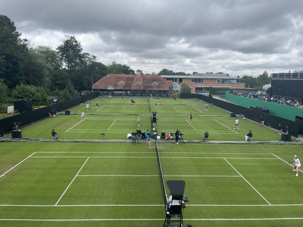 Cloudy day at the priory, with a view of the tennis courts