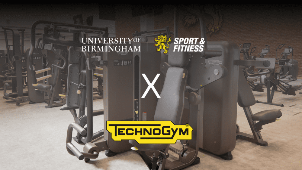 University of Birmingham Sport and Fitness X Technogym logo on faded photo of gym