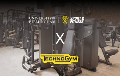 University of Birmingham Sport and Fitness X Technogym logo on faded photo of gym