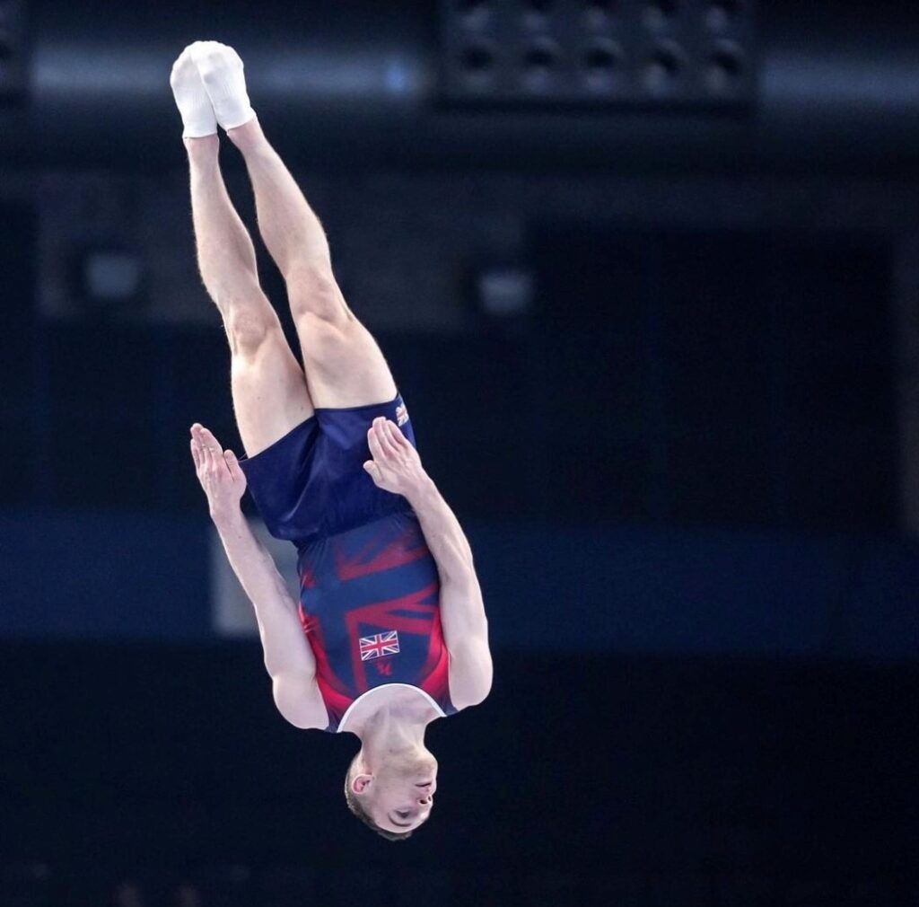 Andrew Stamp mid-air, representing team GB at the Trampolining World Championships.