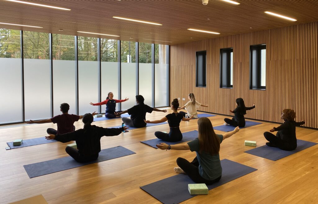 A group of participants on mats, taking part in yoga.