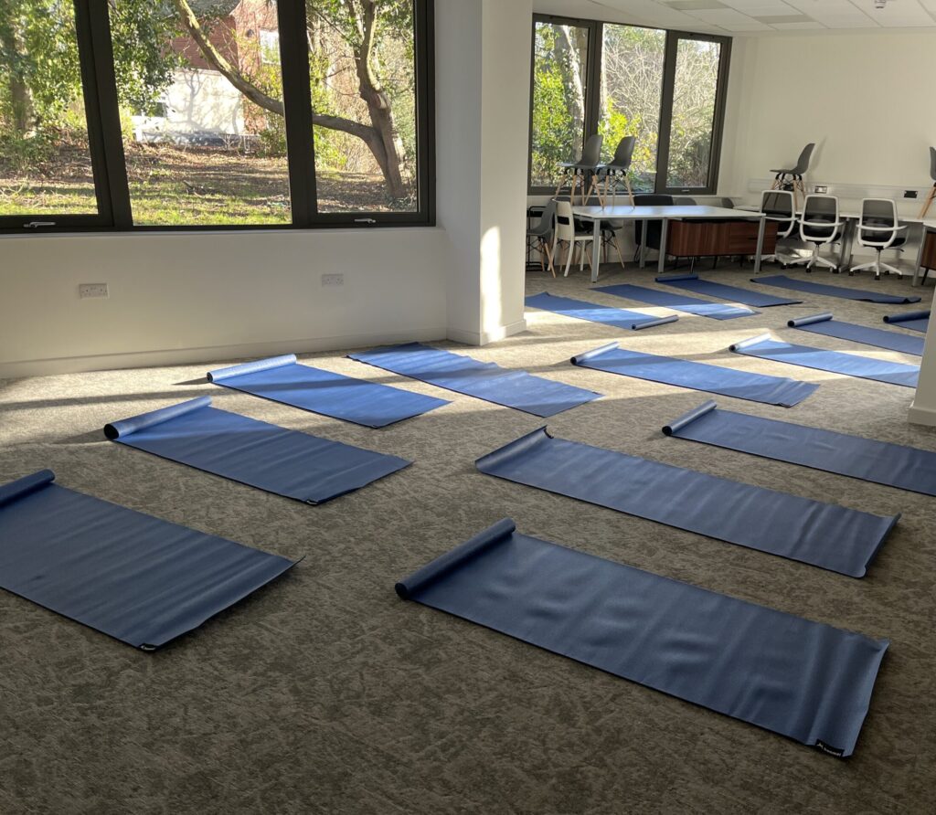 Yoga mats lay down on the floor.