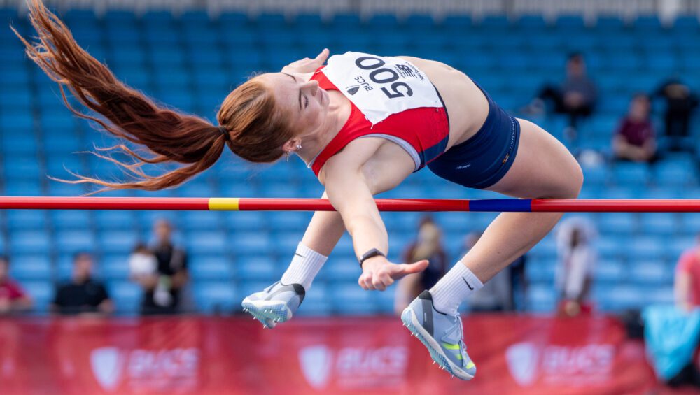 UoB athlete high jumping over bar