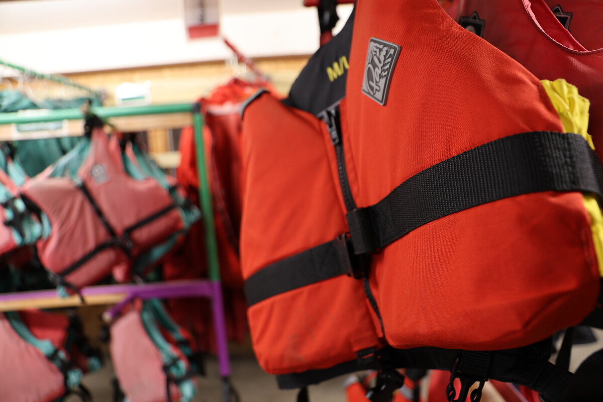 Lifejackets hanging up at the Raymond Priestley Centre.