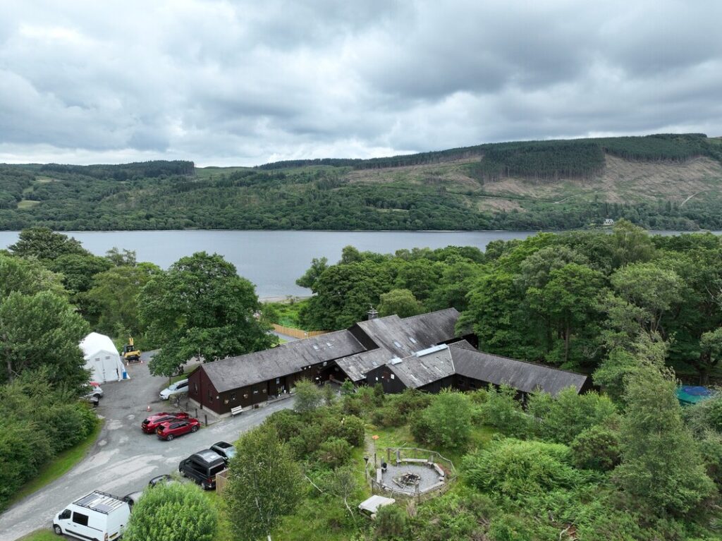 A drone image of the Raymond Priestley Outdoor centre next to Lake Coniston.