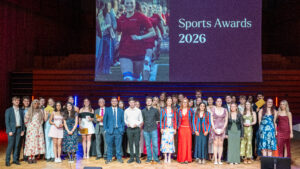 A group shot of all winners at the 2026 Sports Awards, held in the Bramall.