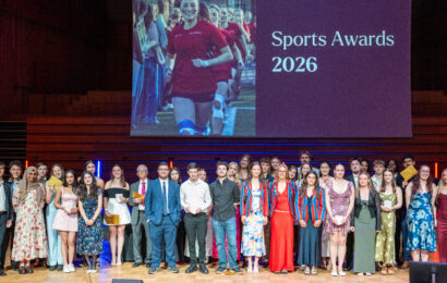 A group shot of all winners at the 2026 Sports Awards, held in the Bramall.