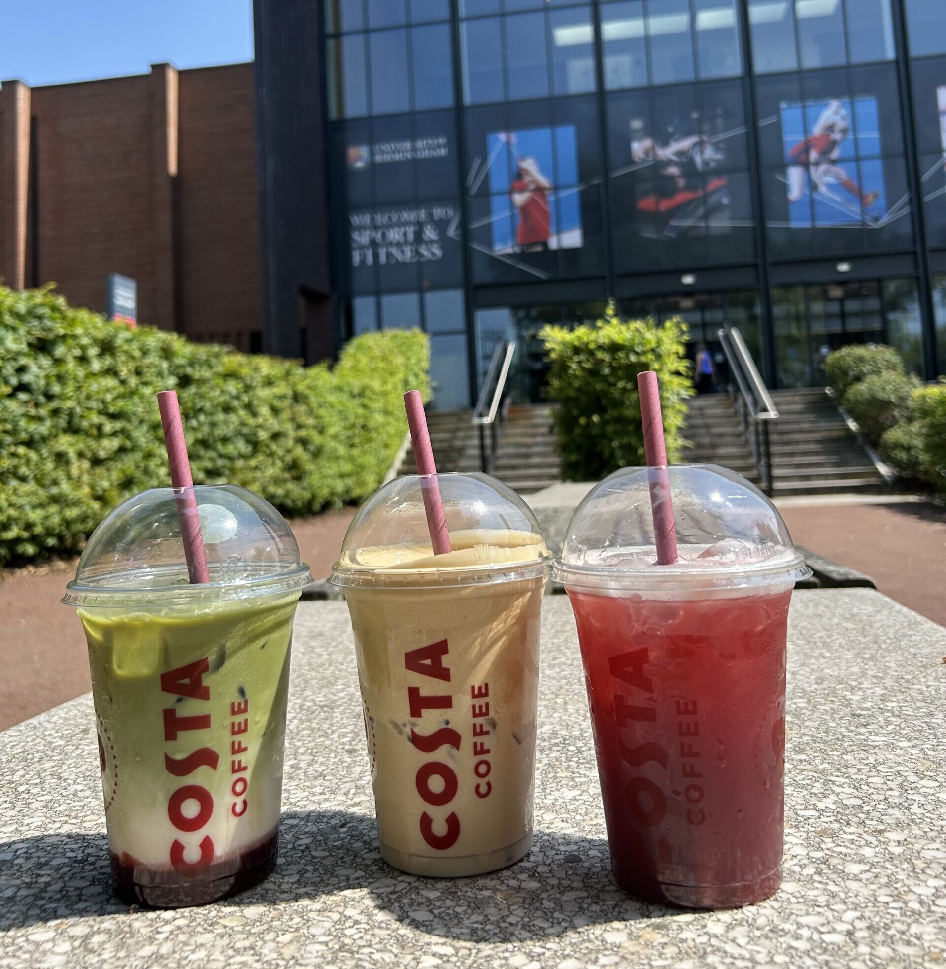 A range of summer drinks outside Costa at University of Birmingham Sport & Fitness